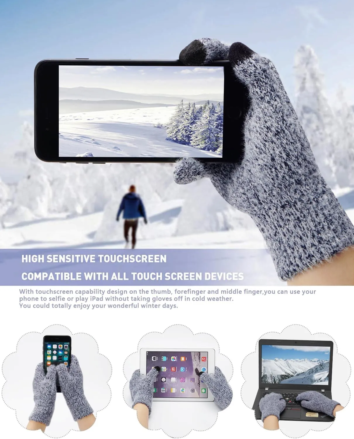 Womens Winter Warm Knit Beanie Hat Touchscreen Gloves Long Neck Scarf Set with Fleece Lined Skull Caps Gifts for Women