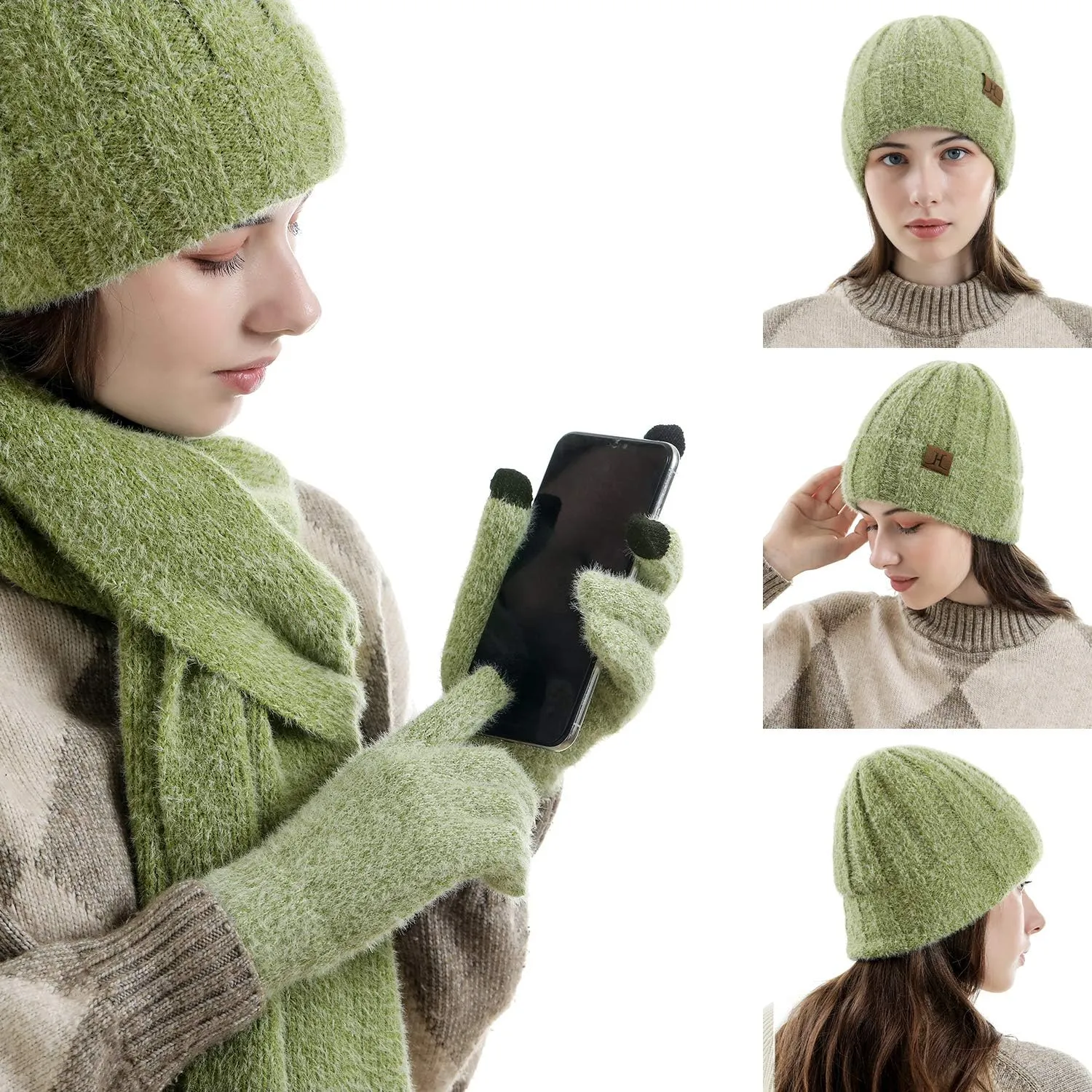 Womens Winter Warm Knit Beanie Hat Touchscreen Gloves Long Neck Scarf Set with Fleece Lined Skull Caps Gifts for Women