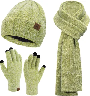 Womens Winter Warm Knit Beanie Hat Touchscreen Gloves Long Neck Scarf Set with Fleece Lined Skull Caps Gifts for Women