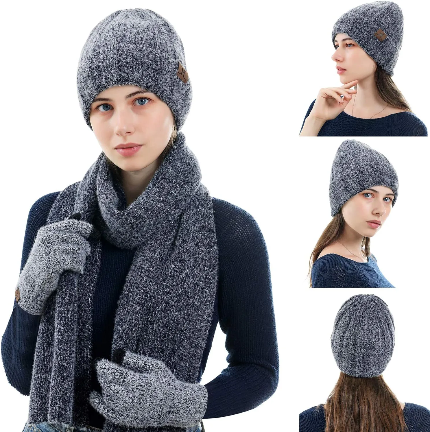 Womens Winter Warm Knit Beanie Hat Touchscreen Gloves Long Neck Scarf Set with Fleece Lined Skull Caps Gifts for Women