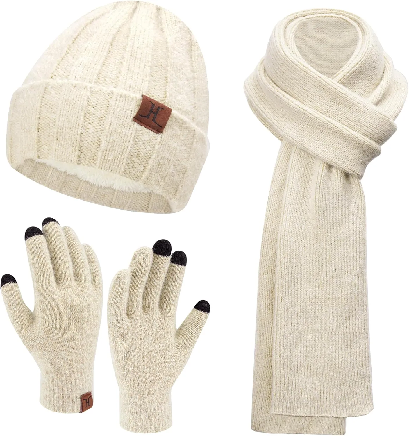 Womens Winter Warm Knit Beanie Hat Touchscreen Gloves Long Neck Scarf Set with Fleece Lined Skull Caps Gifts for Women