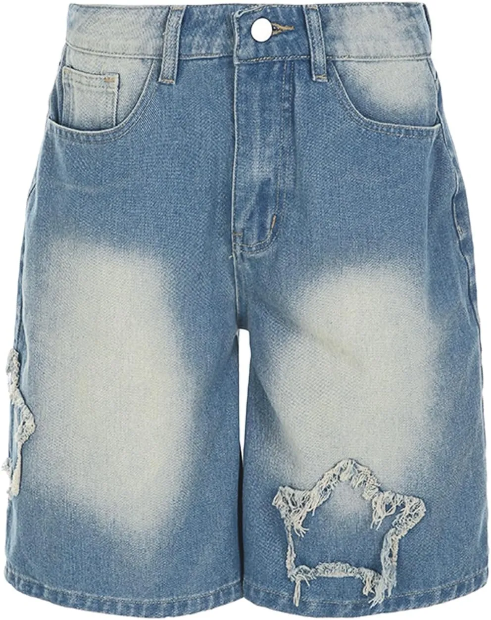 Women's Y2K Baggy Jorts Wide Leg Graphic Star Patchwork Fringe Tears Denim Jean Shorts Womens Summer Streetwear