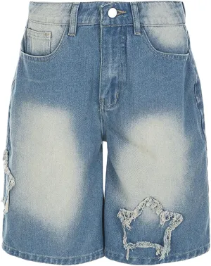 Women's Y2K Baggy Jorts Wide Leg Graphic Star Patchwork Fringe Tears Denim Jean Shorts Womens Summer Streetwear