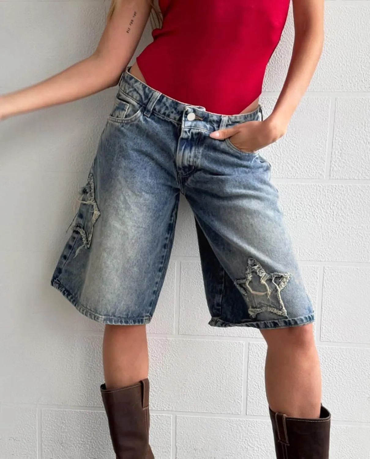 Women's Y2K Baggy Jorts Wide Leg Graphic Star Patchwork Fringe Tears Denim Jean Shorts Womens Summer Streetwear