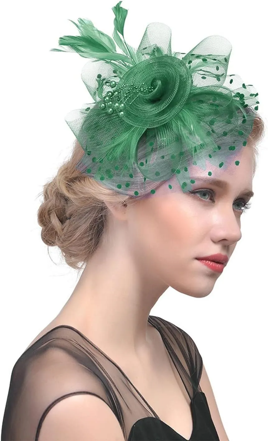 YOLAI Women's Tea Party Fascinators Mesh Flower Pearl Feather Fascinator Hats with Headband and Clip