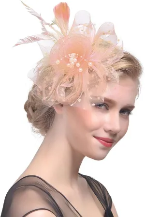 YOLAI Women's Tea Party Fascinators Mesh Flower Pearl Feather Fascinator Hats with Headband and Clip