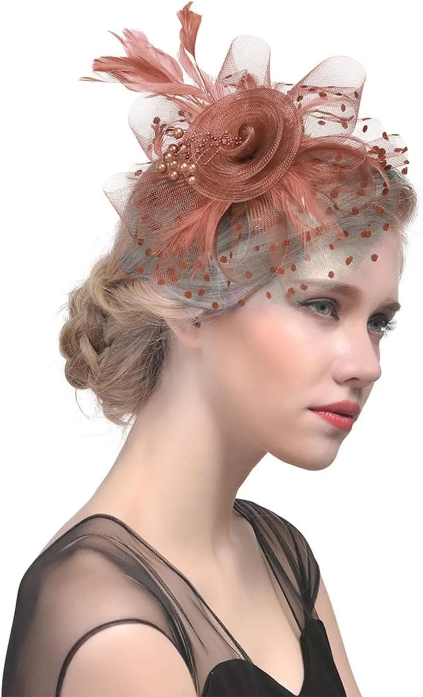 YOLAI Women's Tea Party Fascinators Mesh Flower Pearl Feather Fascinator Hats with Headband and Clip