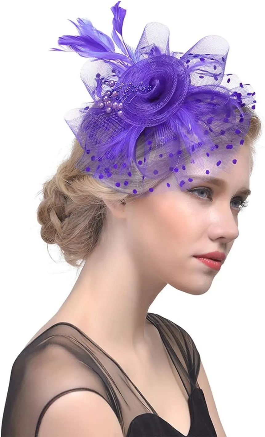 YOLAI Women's Tea Party Fascinators Mesh Flower Pearl Feather Fascinator Hats with Headband and Clip