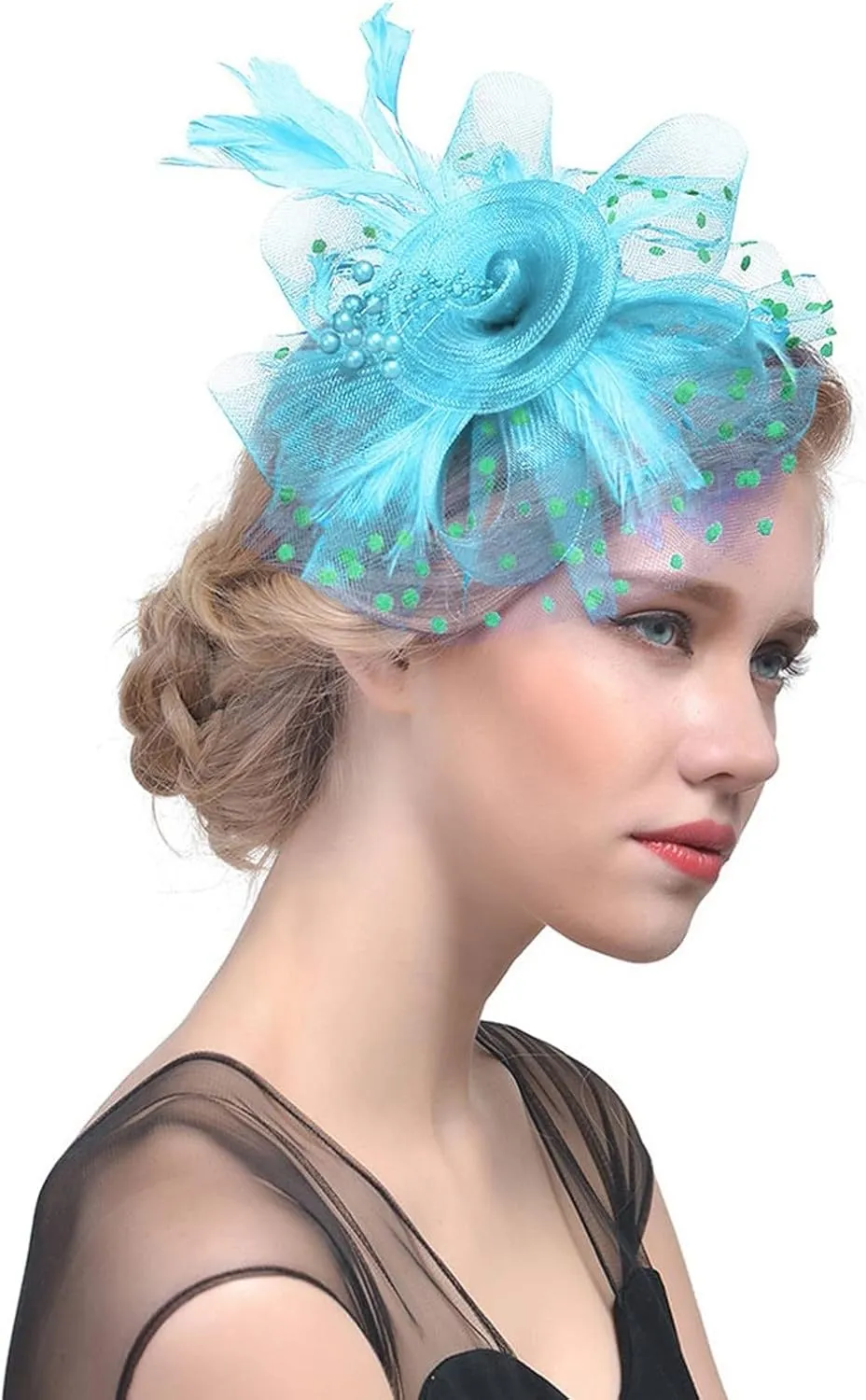 YOLAI Women's Tea Party Fascinators Mesh Flower Pearl Feather Fascinator Hats with Headband and Clip