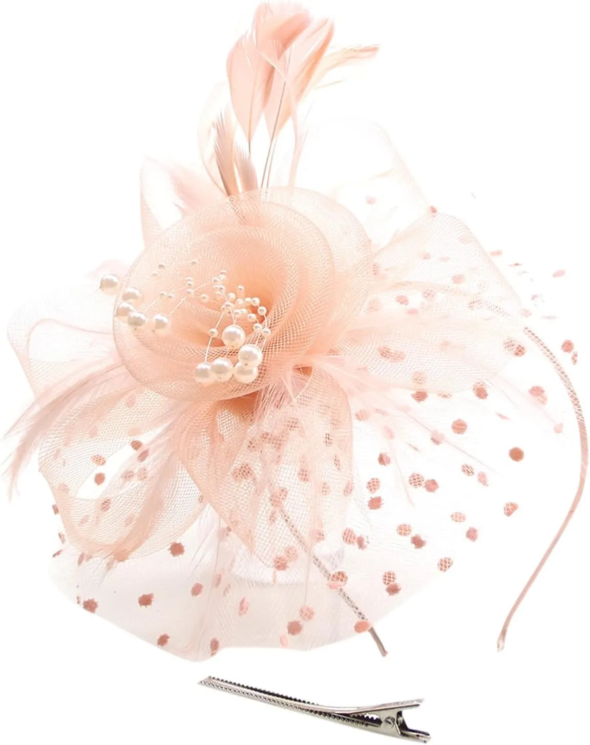 YOLAI Women's Tea Party Fascinators Mesh Flower Pearl Feather Fascinator Hats with Headband and Clip
