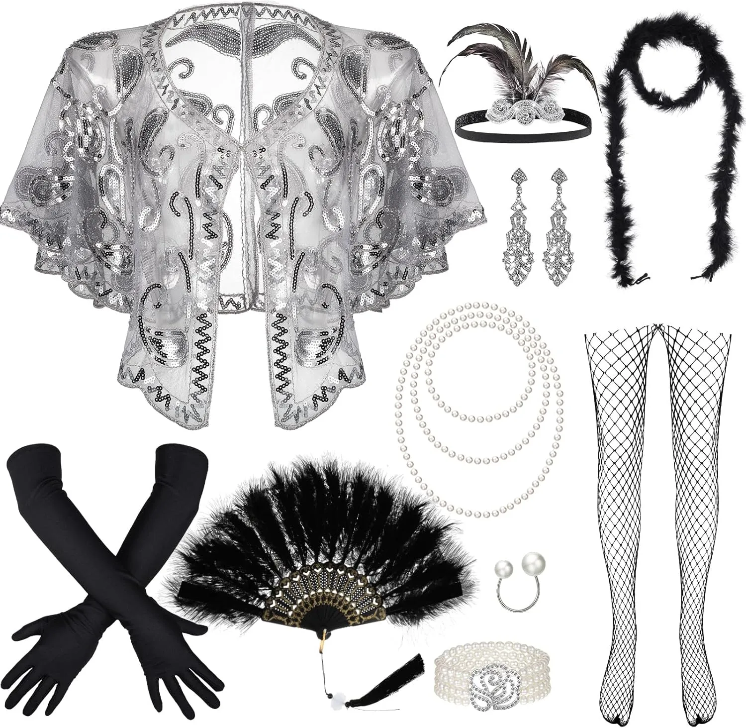 Zhanmai 11 Pieces 1920s Flapper Accessories Costume Set 20s Feather Headband Earring Necklace Shawl Dancing Gloves for Woman