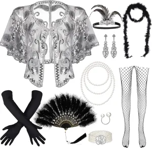 Zhanmai 11 Pieces 1920s Flapper Accessories Costume Set 20s Feather Headband Earring Necklace Shawl Dancing Gloves for Woman