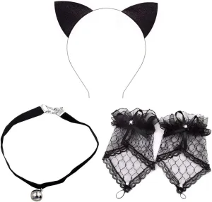 Ztl Cat Ears Headband Bell Choker Lace Fingerless Gloves Set for Cosplay Costume