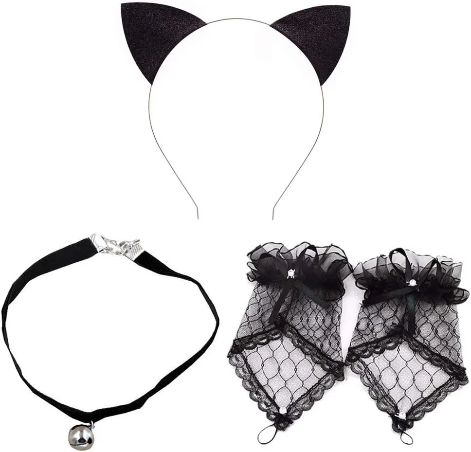 Ztl Cat Ears Headband Bell Choker Lace Fingerless Gloves Set for Cosplay Costume